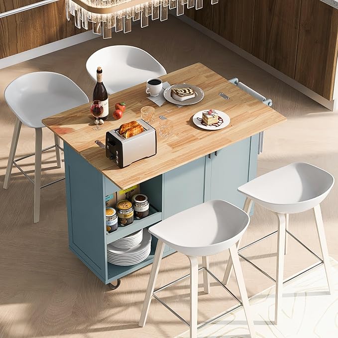49" Kitchen Island with Foldable Counter Top,Kitchen Storage Cart W/Slide-Out Shelf,Towel Rack and Drawer,Rolling Kitchen Cart on Wheels,for Kitchen,Living Room,Dining Room,Grey Blue