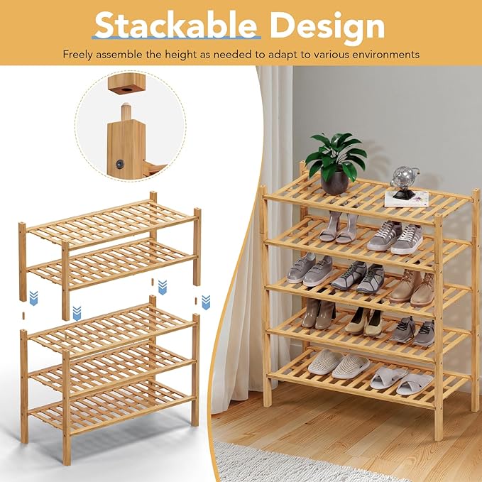 Haddockway 3 Tier Bamboo Shoe Rack Storage Organizer, Multifunctional Free Standing Stackable Shoe Shelf with Grid Panel for Closet,Hallway,Entryway,Small Space 27"x11"x20" (Natural, 3 Tier)