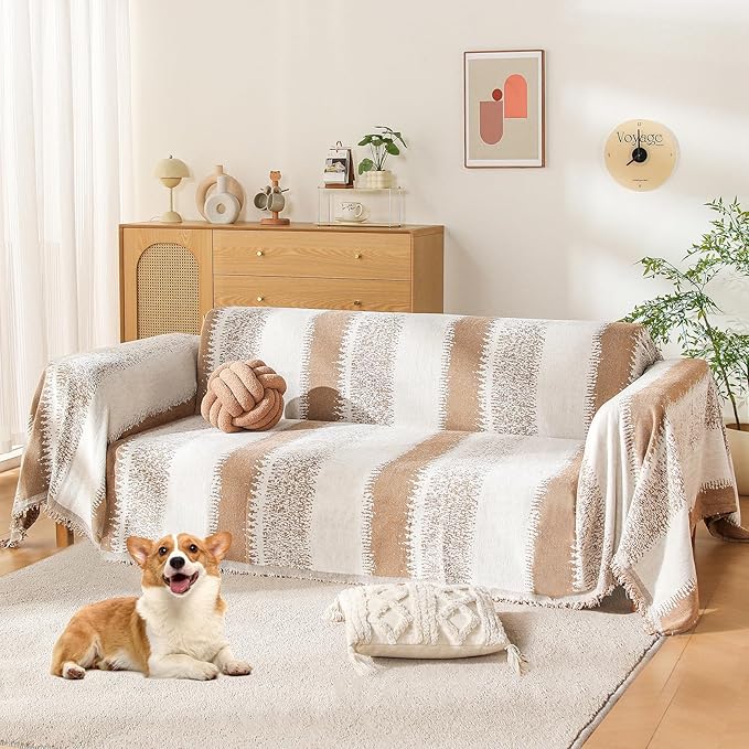 Boho Couch Cover, Sofa Cover, Sofa Covers for 2 Cushion Couch, Washable Sectional Couch Covers for Dogs Pet Furniture Protector Couch Cover Blanket for Living Room (1# Khaki, 71" x 118")