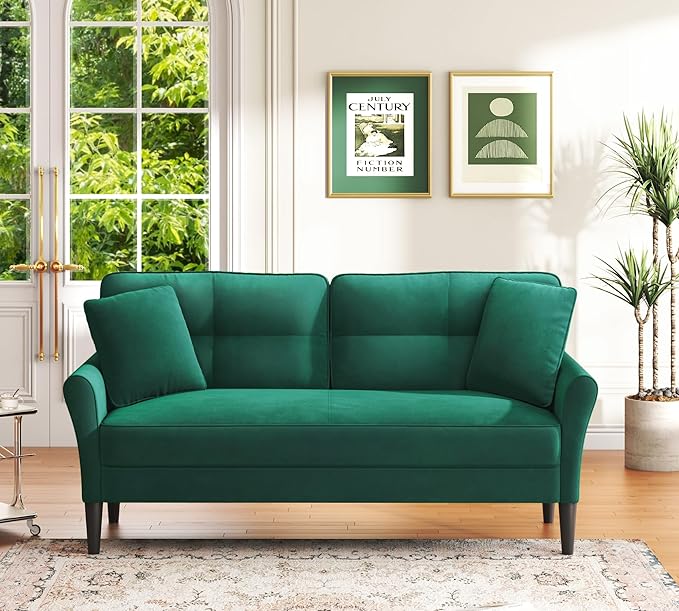69" Small Sofa, Soft Small Couch with 2 Pillows, Comfy Love Seat Couches, Tool-Free Setup Loveseat Sofa, 700lb Load Sofas for Living Room, Cozy Couches for Living Room, Mini Couch for Bedroom, Green