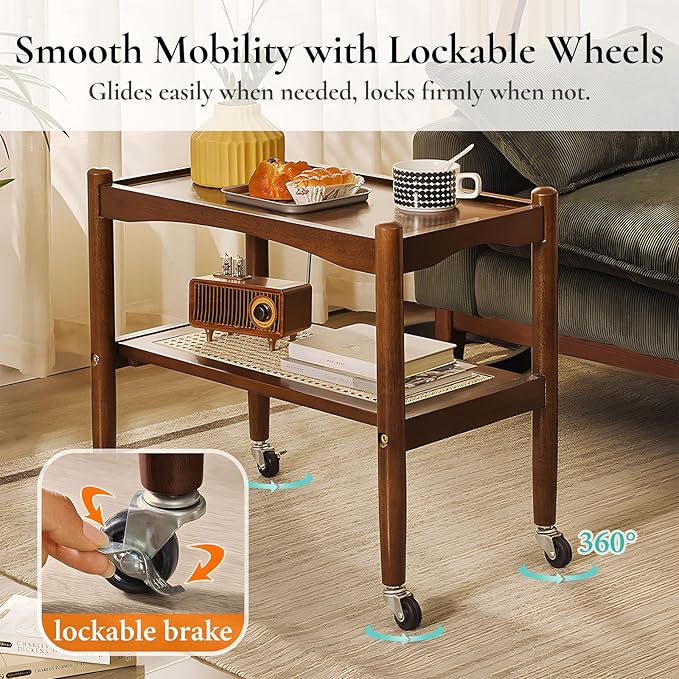 Rattan Side Table with Wheels, Small End Table with Storage, Narrow Wooden Bed Side Table for Living Room, Modern Slim Sofa Nightstand, 23.43" W*12.99" D*19.69" H, (Walnut)