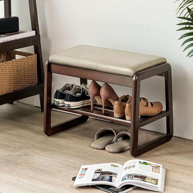 Shoe Bench, Entryway Bench with Leather Cushion, Solid Wood Shoe Rack, Mid Century Modern Bench, Shoe Storage, Shoe Organizer for Entryway (Grey, 21.7" W)