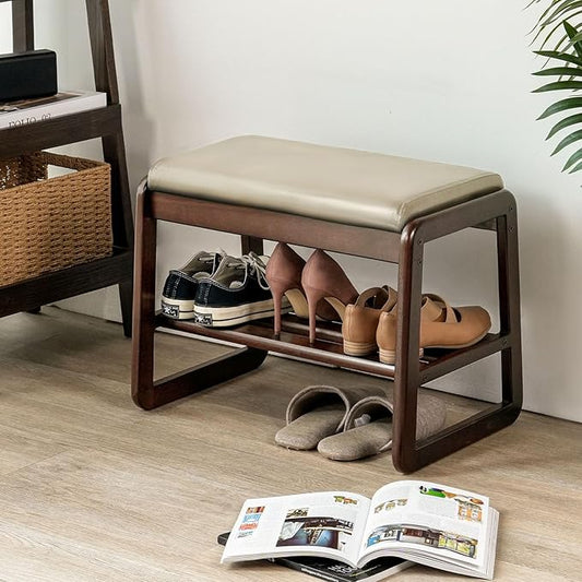 Shoe Bench, Entryway Bench with Leather Cushion, Solid Wood Shoe Rack, Mid Century Modern Bench, Shoe Storage, Shoe Organizer for Entryway (Grey, 21.7" W)