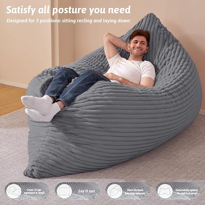 HABUTWAY 4-in-1 Bean Bag Chair, Convertible Chair with High-Density Memory Foam Filling & Machine Washable Cover, Giant Bean Bag Chair for Adults (Grey)