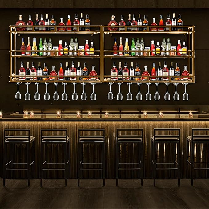 Metal Wine Rack Wall Mounted, Bar Shelves for Liquor Bottles with LED Light, 3 Tier Large Capacity Liquor Rack Wall Mounted with Glass Holder for Home Bar & Dining Room （Gold, 31in/80cm）