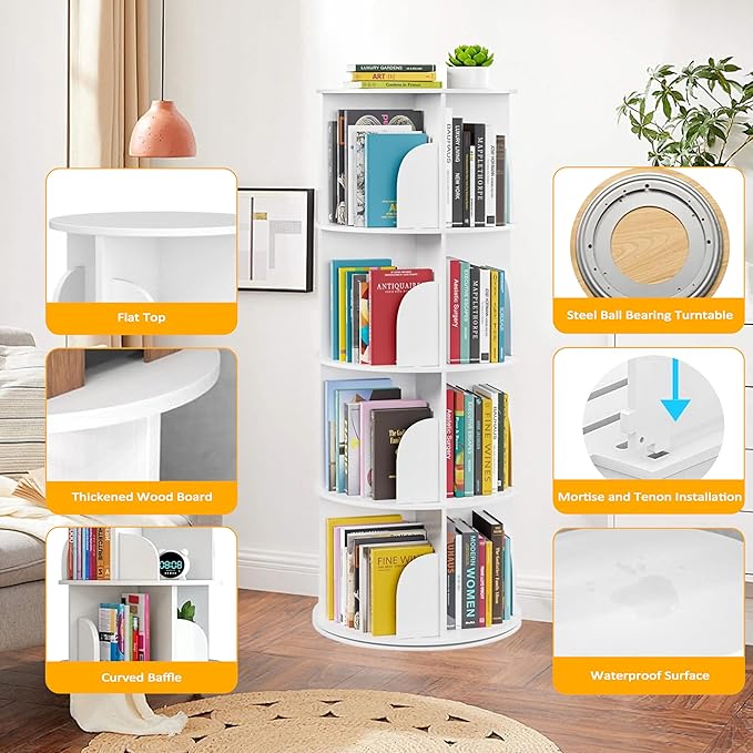 Rotating Bookshelf Tower, 360 Spinning Book Shelf for Kids Rooms, Small Corner Bookshelf for Kids, Round Revolving Bookcase Floor Standing Bookcase Book Storage Classroom Furniture, White, 4 Tier