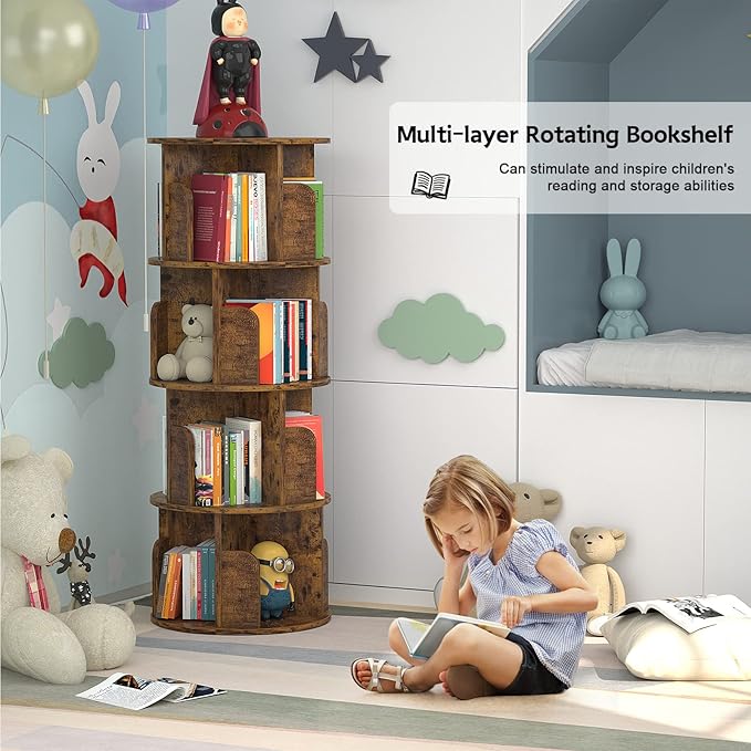 Aheaplus Rotating Bookshelf, Small Corner Bookshelf for Small Space, 360 Display 4 Tier Floor Standing Bookcase Storage Rack, Wood Narrow Book Shelf Organizer for Bedroom, Living Room, Rustic Brown