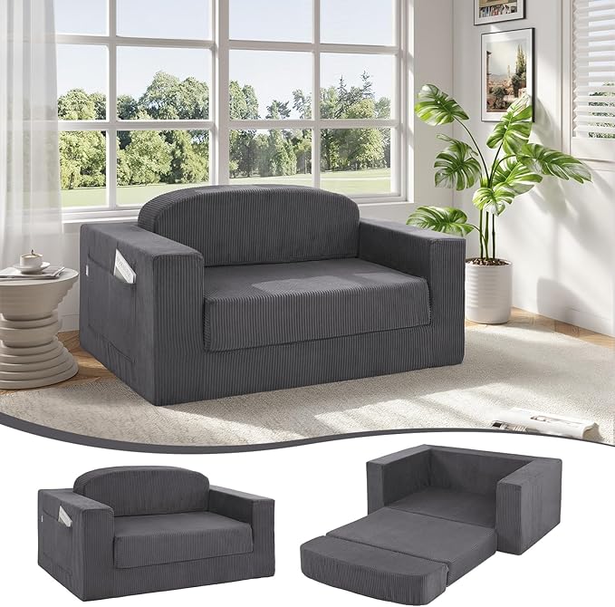MeMoreCool Convertible Sofa Bed, Pull Out Loveseat Sleeper Sofa, Small Boneless Cloud Couch Bed for Adults, Fold Out Foam Love Seat Grey, Corduroy Folding Floor Couch for Bedroom
