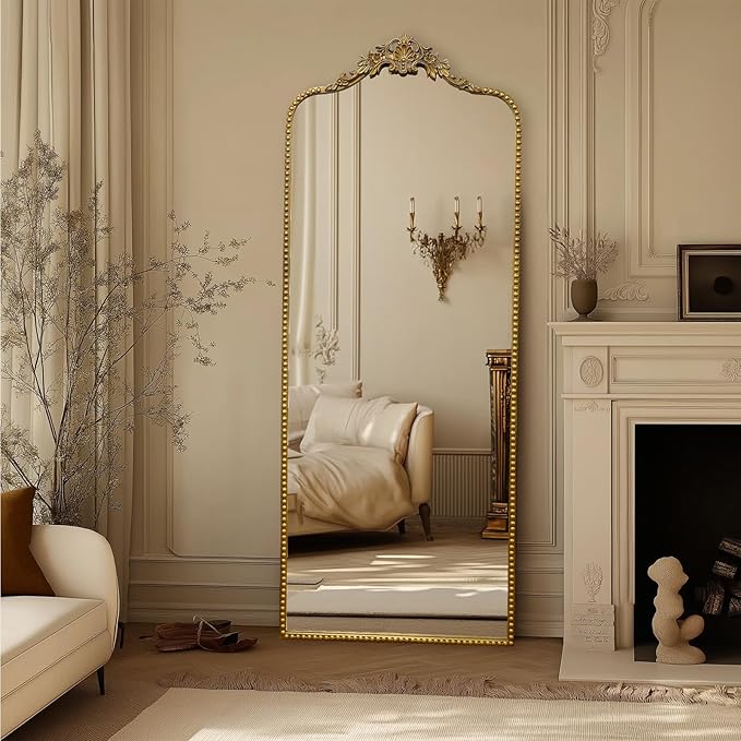 G-LEAF Vintage Baroque Full Length Floor Mirror 75"X30", Victorian Antique Mirror with Brush Gold Ornate Metal Frame for Fireplace Entryway Living Room Hallway Bathroom