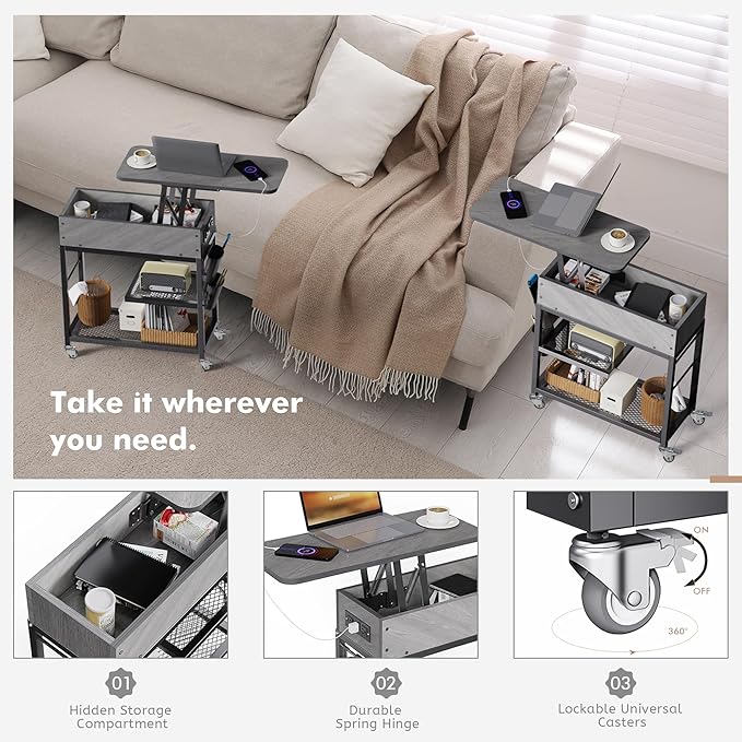 Colima Lift Top End Table with Charging Station and Wheels, Sofa Side Table with USB Port & AC Outlets, Movable Bedside Nightstand with Side Bag for Office Living Room Bedroom(Gray)
