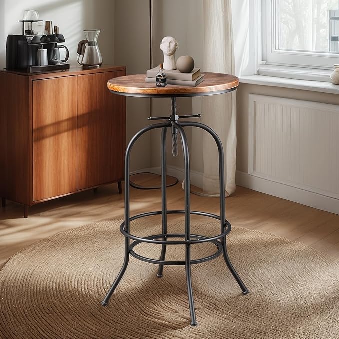 Industrial Bar Table Height Adjustable 37.4-45.3inch Vintage Swivel Pub Tables Solid Wood Top Metal Base with Footrest