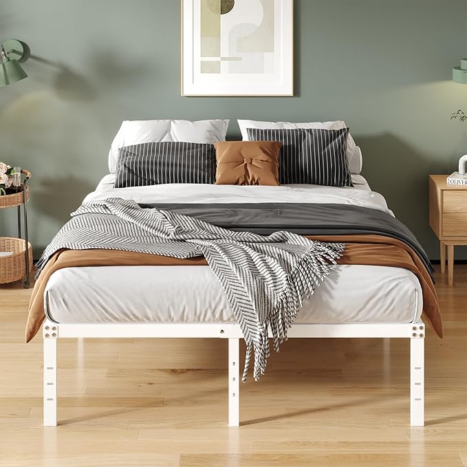 16 Inch White California King Bed Frames No Box Spring Need, Platform Cal King Bed Frame with High Storage, Eassy Assembly 3,500 lbs Heavy Duty Bedframes