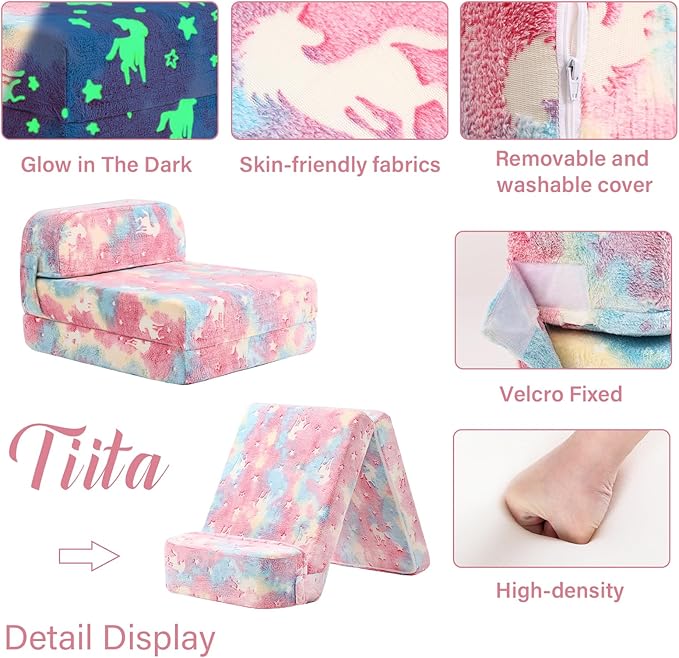 Tiita Folding Sofa Bed for Kids, Toddler Fold Out Couch Bed with Removable Cover, Kids Futon Sleeper Chair Folding Bed Mattress for Kids Room, Living Room, Guest Room,Colorful