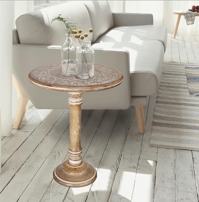 Lightnpro Handcrafted Wooden Single Pillar Table - Small Accent Side End Table, Bedside Nightstand, Entryway, Living Room - Vintage Desk for Books, Plants & Décor - 18x22 Inch, Distressed White