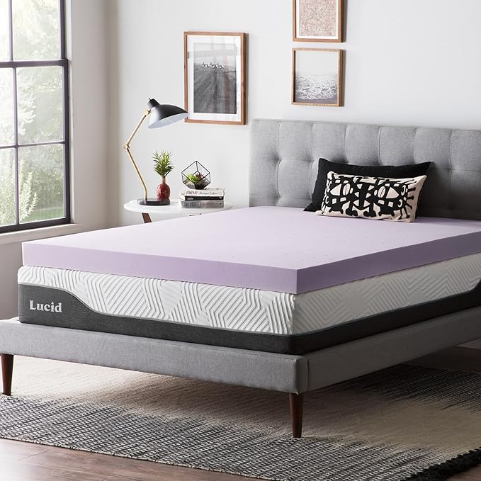 Lucid 4 Inch Lavender Infused Memory Foam Mattress Topper - Ventilated Design – Pressure Relieving Bed Topper - Mattress Pad – CertiPur Certified - Twin Size