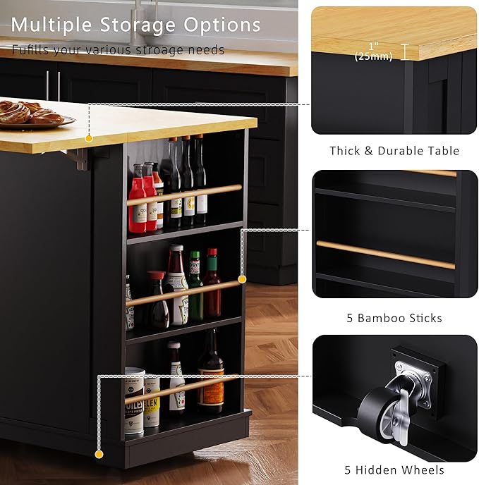 53" Large Kitchen Island with Drop Leaf,Power Outlet & Door Internal Storage Rack,Rolling Kitchen Cart on 5 Wheels W/ 5 Open Side Racks for Kitchen,Dining Room,Black(Not Include bar stools)