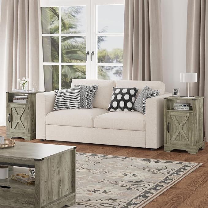 RoyalCraft Nightstand Set of 2, Grey End Table with Charging Station, Tall Farmhouse Bedside Table with Large Storage and Shelf, Wooden Side Table with for Bedroom, Home Office, Light Grey