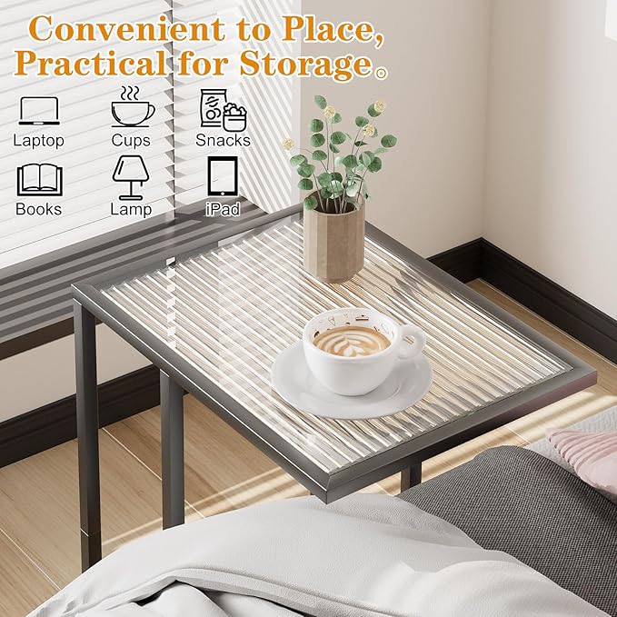 C Shaped End Table, Glass Couch Side Tables for Living Room, Small Modern Sofa Table with Metal Frame, TV Tray Table for Bedroom, Office, Small Space, Black