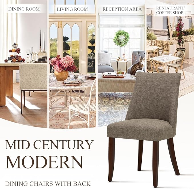 COLAMY Upholstered Dining Chairs Set of 6, Mid Century Modern Kitchen Chairs with Back, Farmhouse Fabric Side Dining Room Chairs with Wood Legs for Dining Room Restaurant, Brown