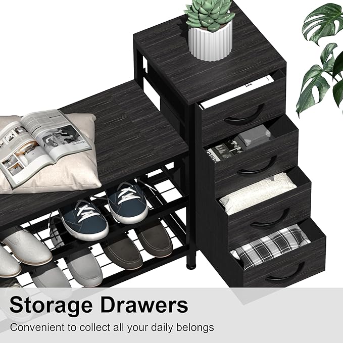 EXOTICA 3 Tier Entryway Bench Shoe Storage Bench with 4 Fabric Drawers Metal Frame and Wooden Board Shoe Rack Bench with Seat for Entryway Hallway Front Door Doorway