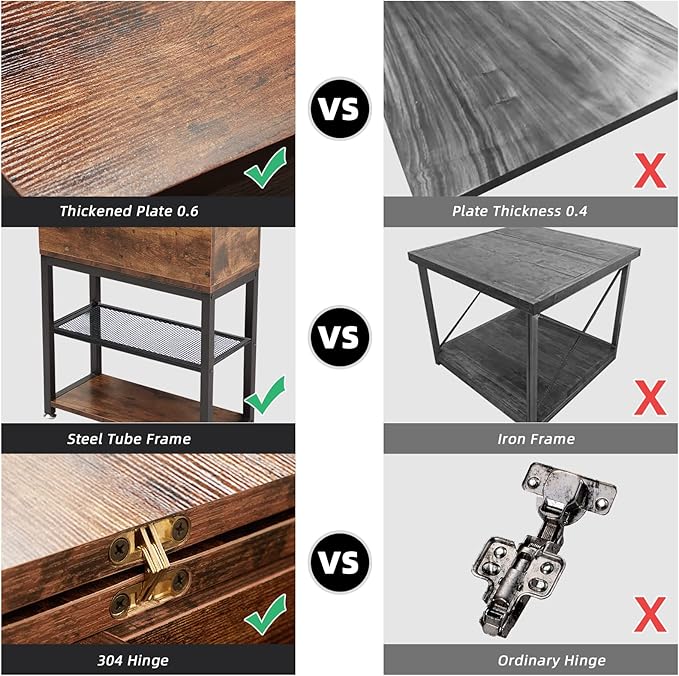 Flip Top End Table for Living Room, 28 inch Side Table, 12" D x 24" W x 28" H, Narrow Side Table with Drawer, 8.4" Deep Drawer, End Table with Charging Station, Steel X-Shaped Frame, Rustic Brown
