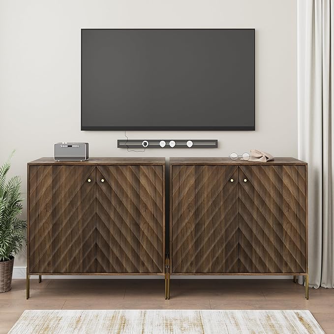 Smuxee Walnut Sideboard Cabinet, Freestanding Buffet Cabinet with Golden Metal Feet, Wood Storage Cabinet with Adjustable Shelf for Living Room, Entryway, Hallway