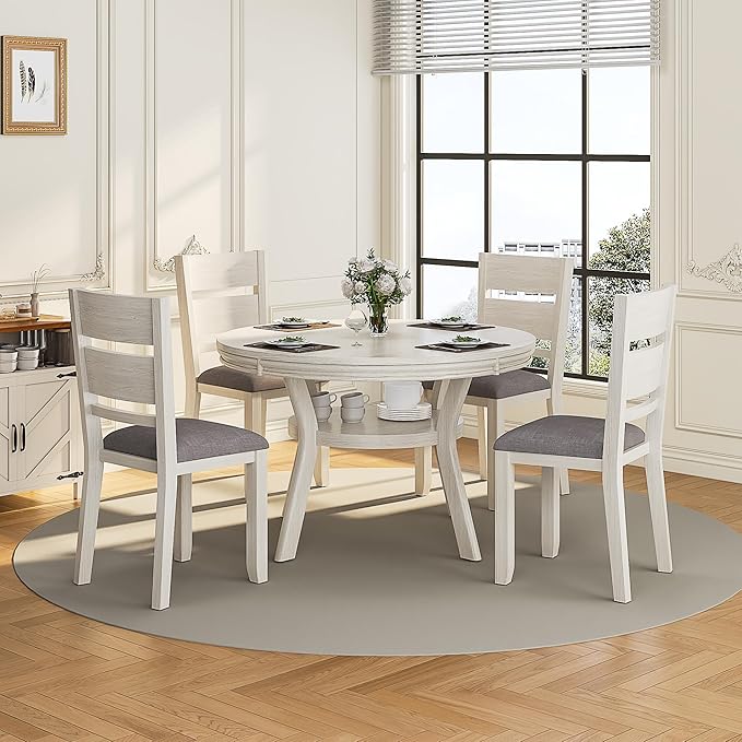 5-Piece Solid Wood Dining Table Set for 4, Round Kitchen Table Set with 4 Upholstered Chairs, Farmhouse Dining Sets for Kitchen, Dining Room, Rustic Grey