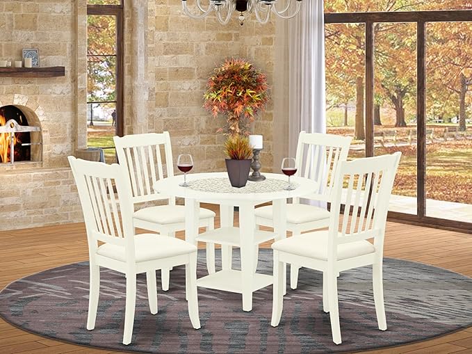 East West Furniture SUDA5-LWH-C 5 Piece Kitchen Table Set for 4 Includes a Round Dining Room Table with Dropleaf & Shelves and 4 Linen Fabric Upholstered Chairs, 42x42 Inch, Linen White