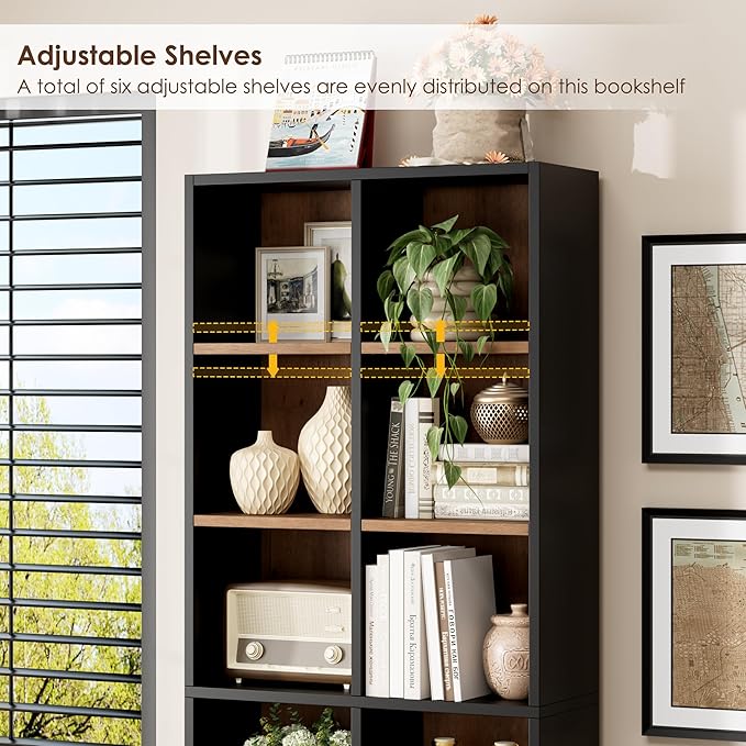 FOTOSOK 71'' Tall Bookshelf, Double Wide Media Tower Rack CD DVD Rack Display Cabinet with Adjustable Shelves, Tall Narrow Bookcase Bookshelf for Home Office, Black/Brown