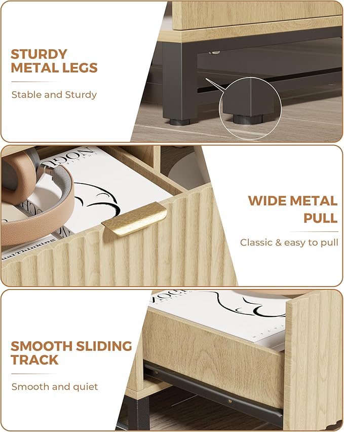 Fluted Night Stand with Charging Station, Wood Nightstand with Large Drawer and Open Storage Cabinet, Mid-Century Modern Bedside Table End Table for Bedroom Closet Office