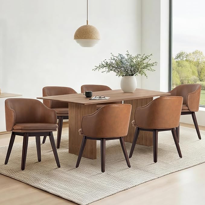 Wooden Dining Chairs Set of 4, Faux Leather Upholstered Modern Dining Room Chairs with Barrel Backrest & Double-Layer Thick Cushion for Living Room, Restaurant, Kitchen and Café, Brown, 2 Boxs