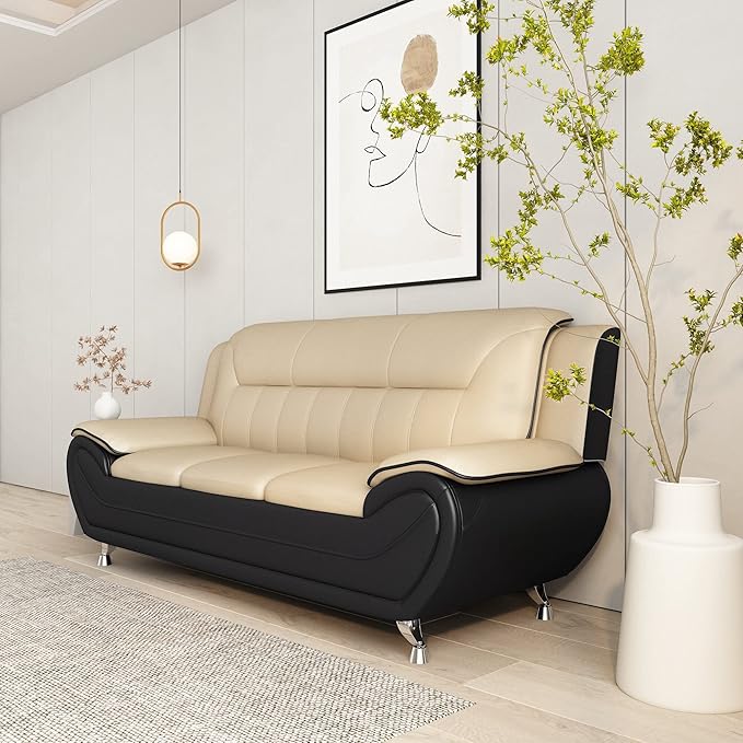 Container Furniture Direct Michael Modern Faux Leather Upholstered Stainless Steel Legs Living Room Sofa, Chair, Camel/Black