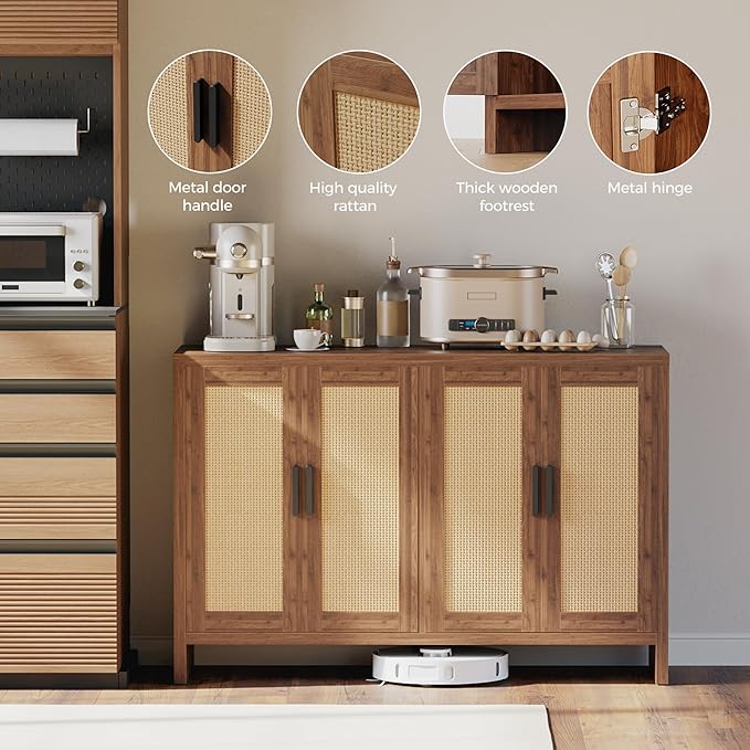 Rattan Buffet Cabinet with Storage, Sideboard Cabinet with Doors and Adjustable Shelves, Farmhouse Coffee Bar Station Table, Modern Wood Cupboard for Kitchen, Livingroom, Walnut