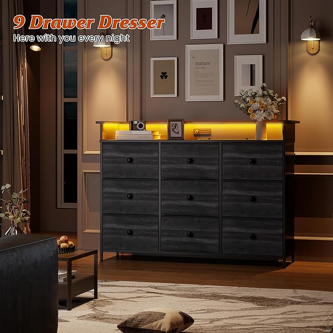 Nicehill 9 Drawer Dresser for Bedroom, TV Stand for Bedroom, Black Dresser with LED Light, Fabric Chests of Drawers for Hallway Entryway (Black Wood Grian)