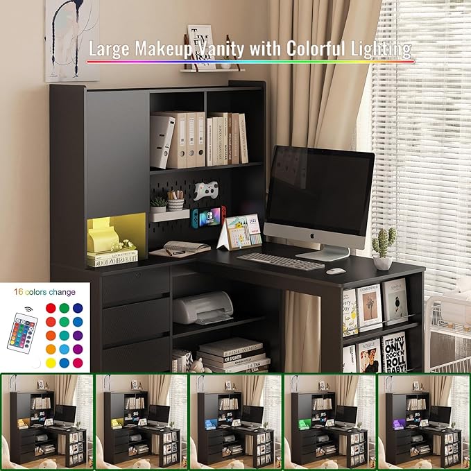 KEIKI L Shaped Home Office Desks with LED Light, Pegboard, Hutch, Drawers, Bookshelf & Storage Shelves, Modern Wooden Gaming Computer Corner Table for Work, Study, Writing