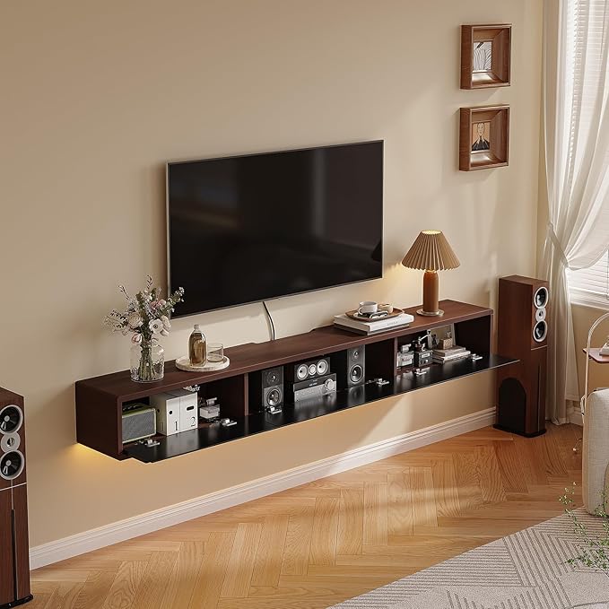 Floating TV Stand Matte Finish, 47'' Wall-Mounted TV Cabinet,Floating TV Console,Under TV Shelf with 3 Doors for Living Room Bedroom(Walnut+Black)