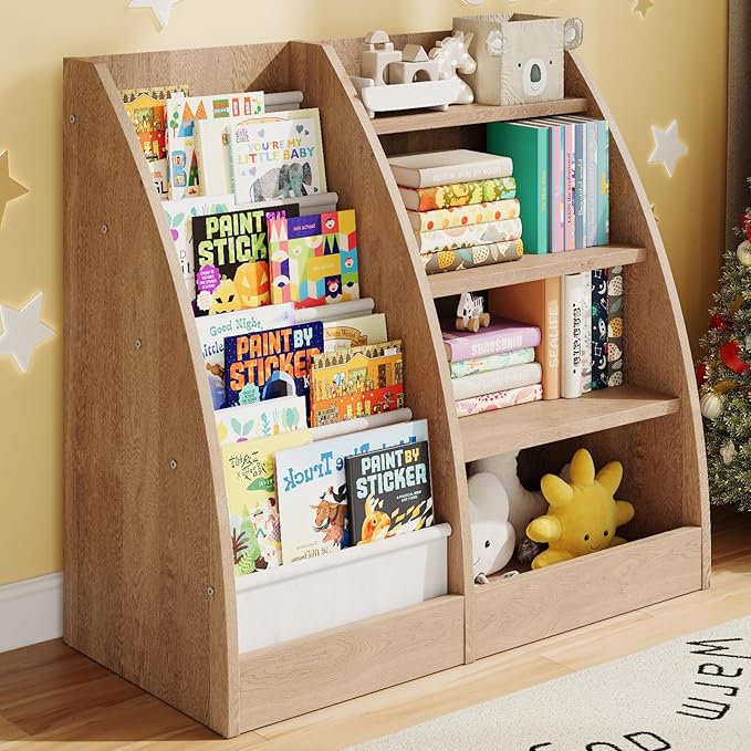 4 Tier Kids Bookshelf,4 Layer Sling Kids Book Shelf for Kids Rooms,Wood Children Bookcase,Baby Storage Book Rack,Toddler Bookshelf, Book and Toy Organizer,Book Display Shelf for Bedroom, Nursery