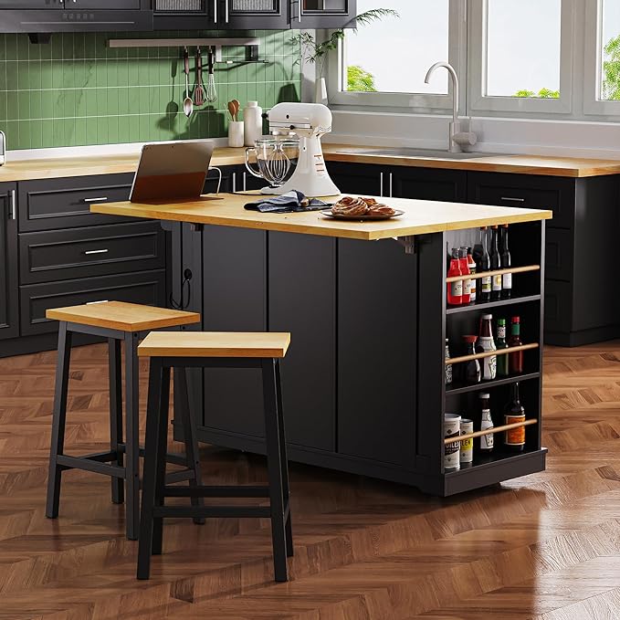 53" Large Kitchen Island with Drop Leaf,Power Outlet & Door Internal Storage Rack,Rolling Kitchen Cart on 5 Wheels W/ 5 Open Side Racks for Kitchen,Dining Room,Black(Not Include bar stools)