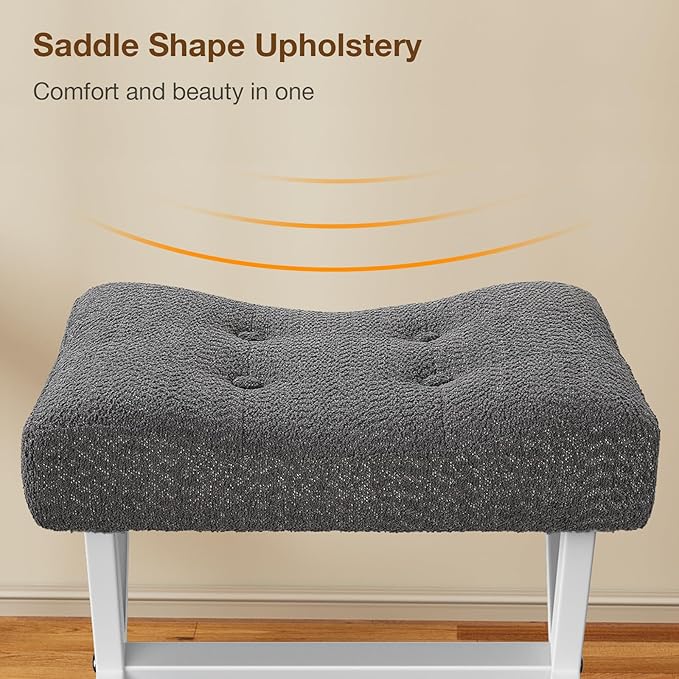 18-Inch Large Vanity Stool Chair, Vanity Bench with Metal X-Legs, Ottoman Foot Stool with Breathable and Soft Boucle Fabric Saddle Seat, Grey