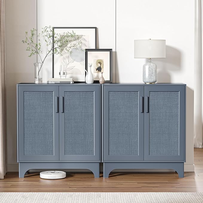 Rattan Cabinet, Sideboard Storage Cabinet with 2 Doors Buffet Cabinet with Adjustable Shelf Large Space, Kitchen Sideboard Buffet for Entryway Hallway
