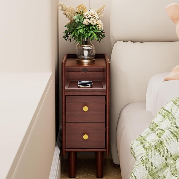 Huolewa Narrow Nightstand with 2 Drawers - Solid Wood Narrow Side Table with Open Shelf for Small Spaces, Couch, Bedroom, Living, Office - Small Bedside Table, End Tables (Walnut, 7.87 inch)