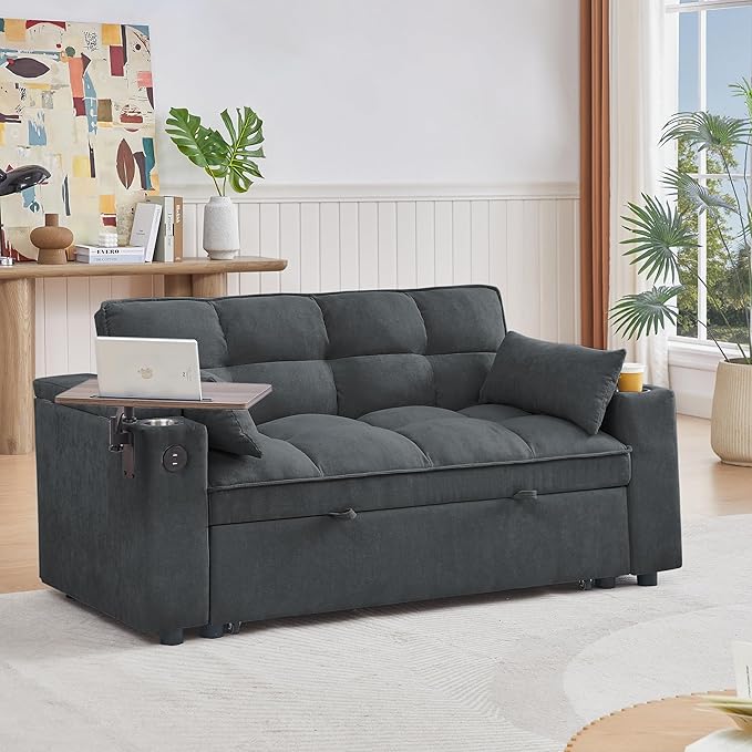 3 in 1 Queen Loveseat Convertible Sofabed Modern Living Room Multifunctional Sleeper Sofa Convertible Spacious Sofa Bed W/Pull Out Sleeper Couch Bed Armrests Storage,Cupholders,USB Ports ,Side Table