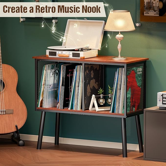 Record Player Stand with Adjustable Divider, Vinyl Storage Holder Up to 200 Albums, Mid-Century Large Record Player Table, Vinyl Holder Turntable Stand End Table Storage Rack for Bedroom & Living Room