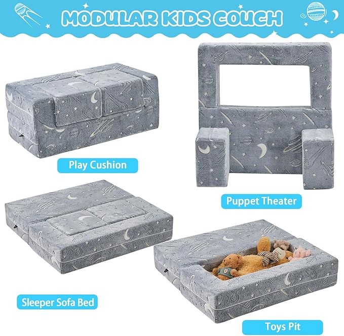 Kids Couch Sofa Modular Toddler Couch, Glow in The Dark 3 in 1 Fold Out Kids Sofa with Washable and Durable Covers for Boys, Galaxy Stars