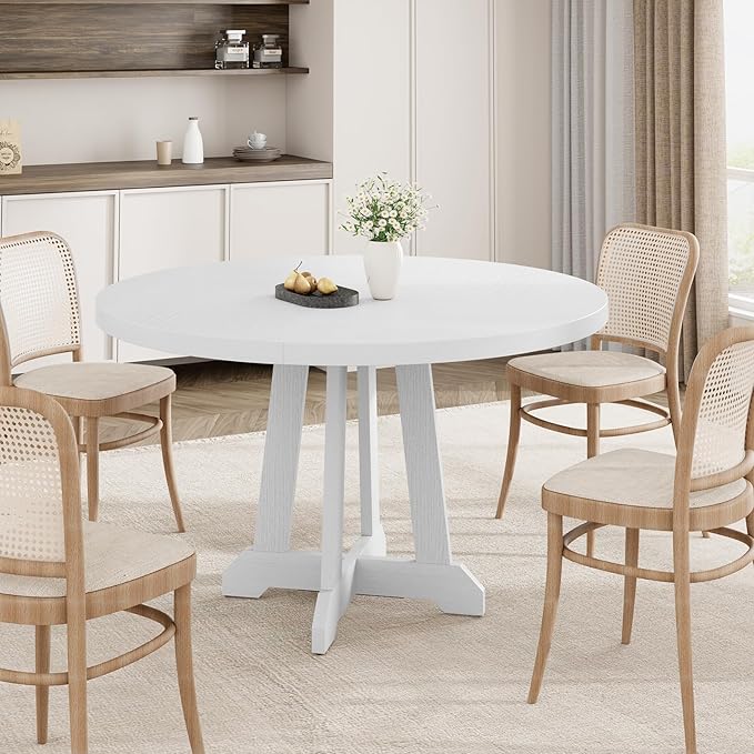 Garvee Dining Table for 4 to 6 People, 47 Inch Round Dining Table, Wooden Kitchen Table with Sturty Legs, Dining Room Table for Dining Room, Kitchen，White