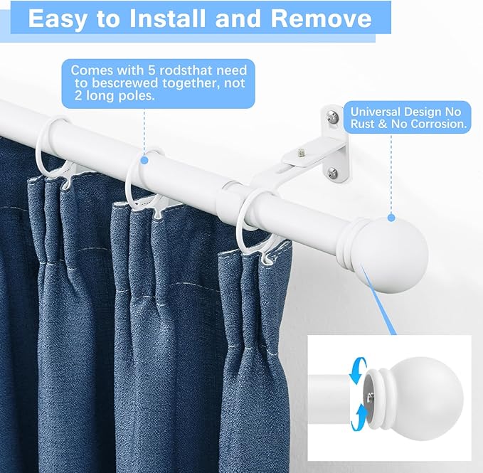Curtain Rods for Windows 16 to 76 Inches, Curtain Rod Max Adjustable Length of 88 IN, 6/8" Diameter Drapery Rods Round Finials, White, Pack of 2