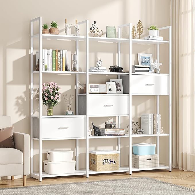 73.6" Tall Bookshelf with 3 Drawers and 16 Storage Shelves, Industrial Bookcase with 16 Open Display Shelves, Large Etagere Bookshelf, Triple Wide Book Shelf Book Case for Home & Office, White