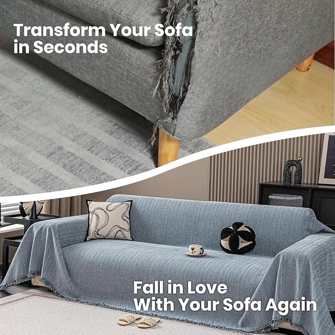 Nobildonna Sofa Cover Washable Soft Thicken Chenille Couch Cover with Tassel,Waterproof Sofa Slipcover for 3-4 Cushion Couch,Sectional Sofa,L-Shaped Furniture Protector Pet-Friendly,Dusty Blue71 x134