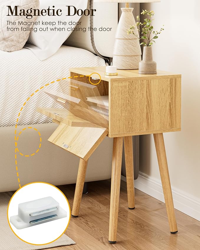 Night Stand Set 2, Oak Nightstand with Fluted Doors, Small Modern Mid-Century Bedside Table for Bedroom, End Table for Living Room
