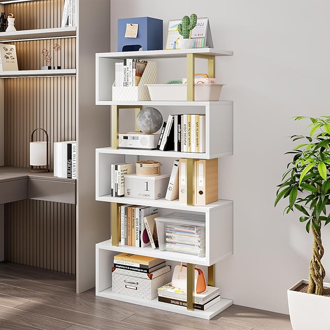 SORCEDAS Bookshelf Geometric Bookcase S Shaped Industrial Bookshelf Storage Display Stand Shelf for Living Room Bedroom and Office Room (White, 5 Tier)